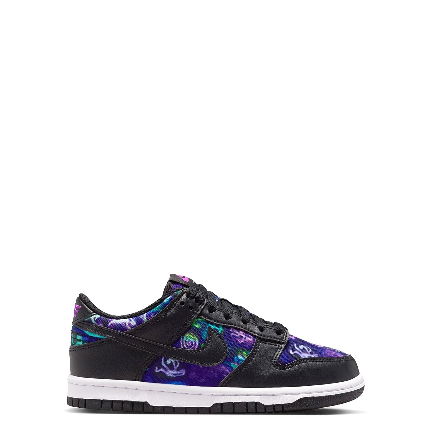 Medial side profile of Nike Dunk Low GS featuring colorful Andrea Bergart graphic print