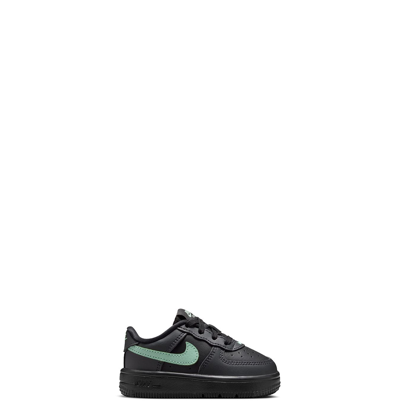 Medial side profile of Nike Force 1 Low TD in Black with Arctic Green Swoosh