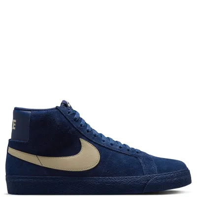 Medial side profile of Nike SB Zoom Blazer Mid featuring premium Coastal Blue suede construction