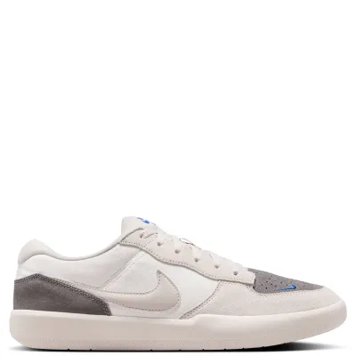 Medial side profile of Nike SB Force 58 featuring suede overlays and clean white cupsole