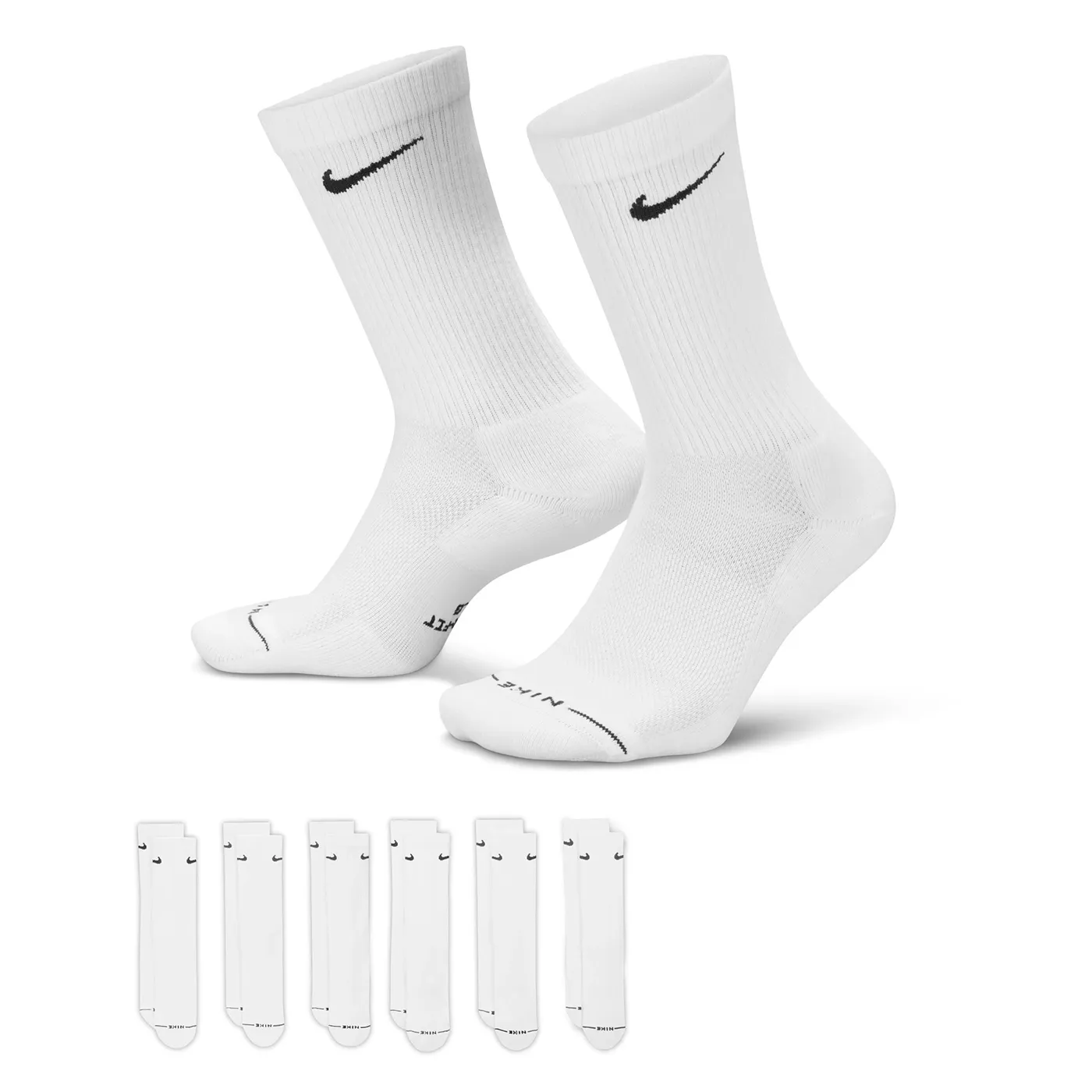 Nike Everyday Elevated White Crew Socks 6-pack with individual pairs displayed