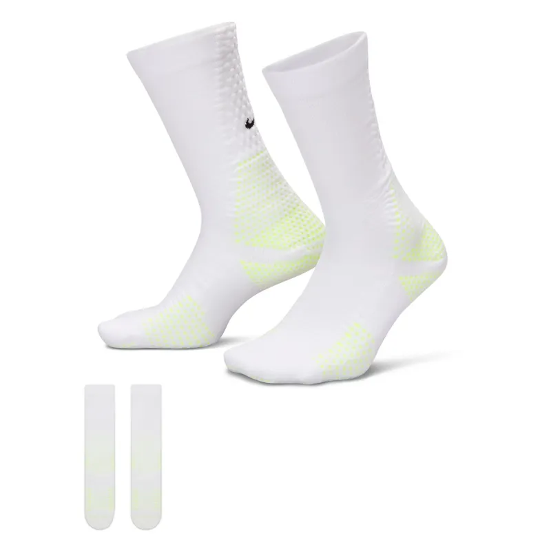 Nike Unicorn Dri-FIT ADV Crew Socks in White/Volt with targeted cushioning and support