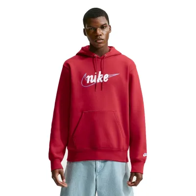 Front view of Nike Club Pullover Hoodie in Tough Red with chenille Nike logo