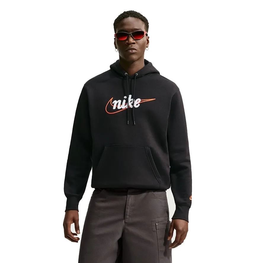 Front view of Nike Club Pullover Hoodie in Black with Safety Orange chenille logo