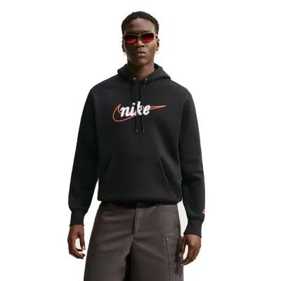 Front view of Nike Club Pullover Hoodie in Black with Safety Orange chenille logo