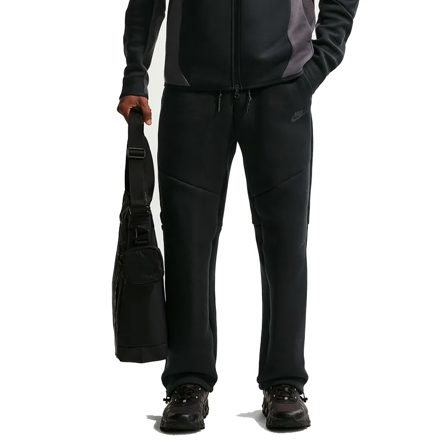 Front view of Nike Tech Fleece Open-Hem Pants in Black with drawcord waistband and open hems
