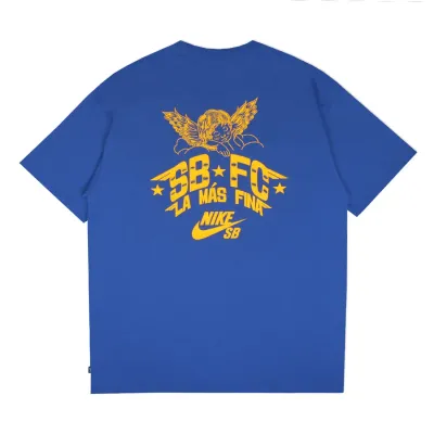 Back view of Nike SB FC Pack Tee in Game Royal with oversized La Más Fina graphic