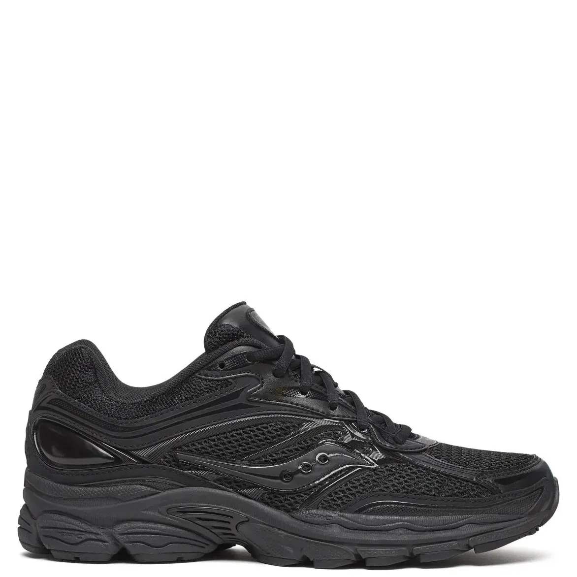 Lateral view of Saucony ProGrid Omni 9 TMY in all-black mesh and synthetic overlays