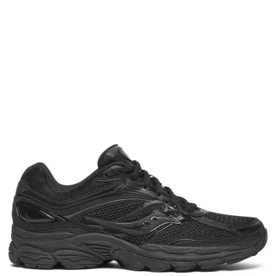 Lateral view of Saucony ProGrid Omni 9 TMY in all-black mesh and synthetic overlays
