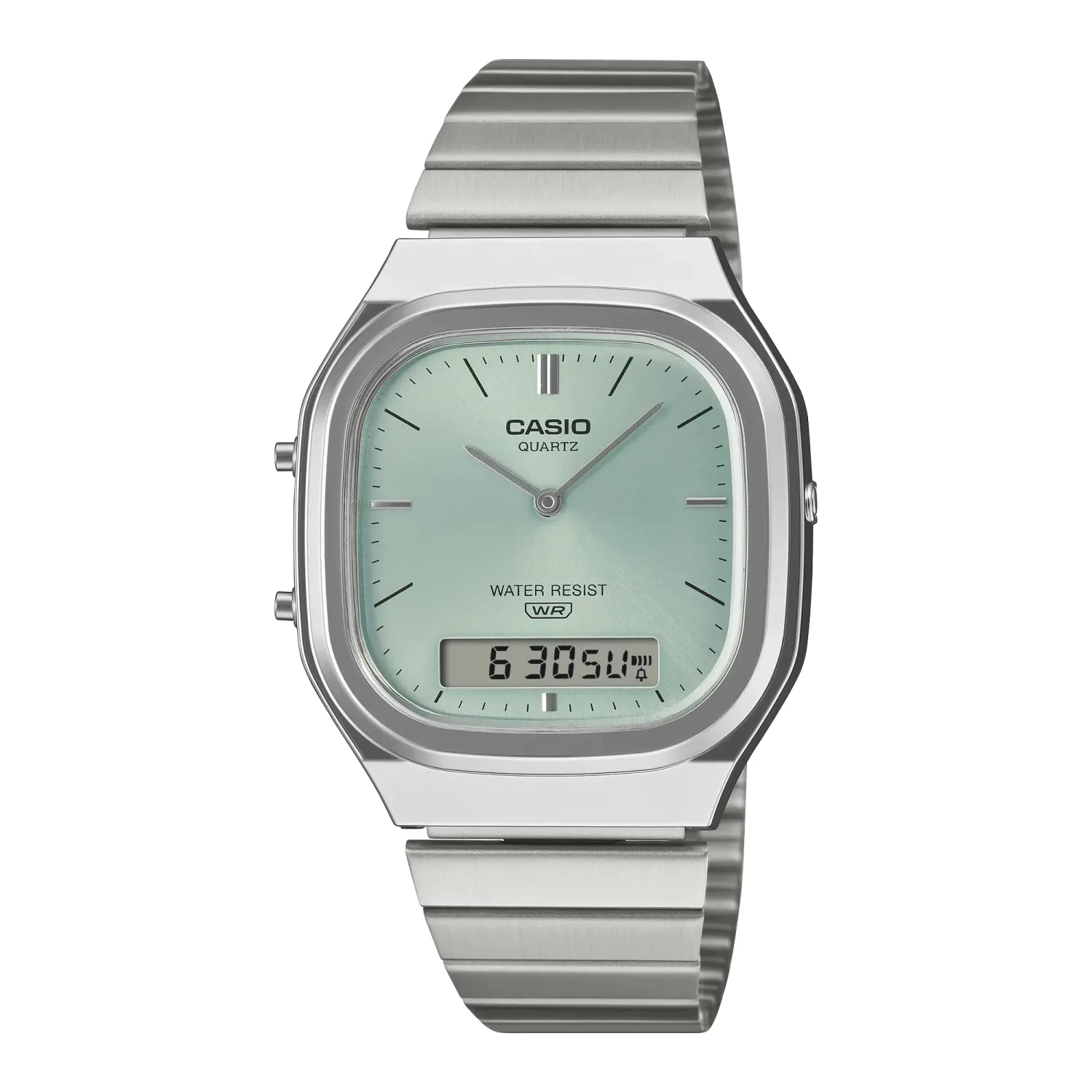 Front view of CASIO AQ240E-2A Vintage watch with silver case, stainless steel bracelet and light blue dial