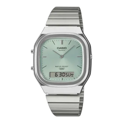 Front view of CASIO AQ240E-2A Vintage watch with silver case, stainless steel bracelet and light blue dial