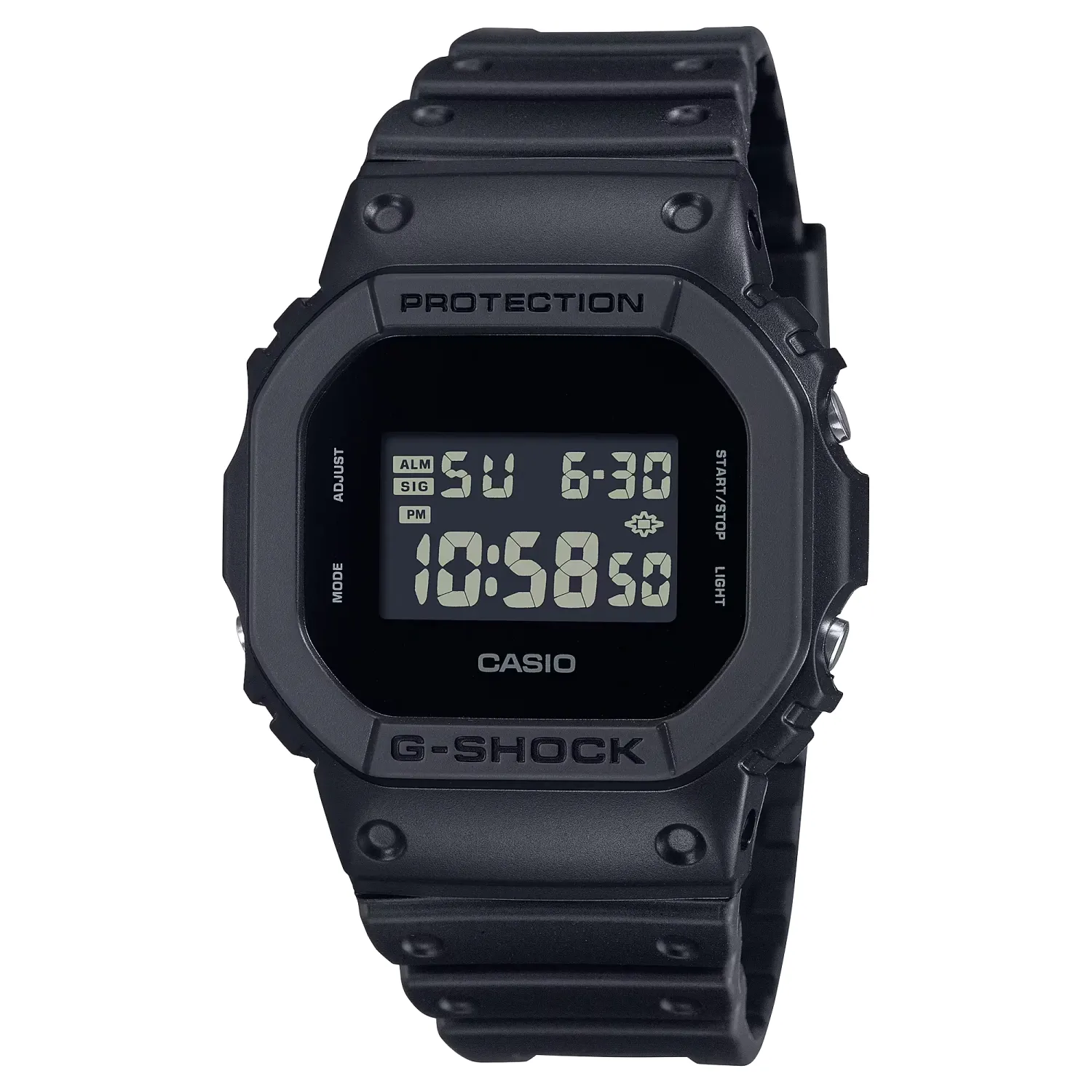 Angled front view of the all-black G-Shock DW5600UBB-1 with a square case and reverse digital display.