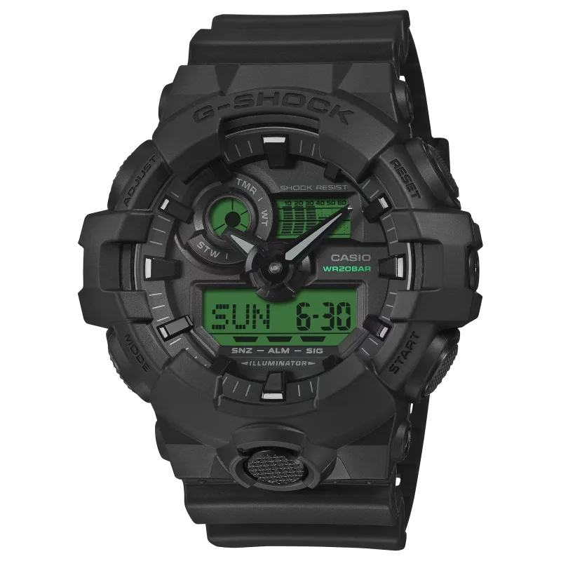Front view of G-SHOCK GA700BEG-1A black watch with electro green analog-digital display