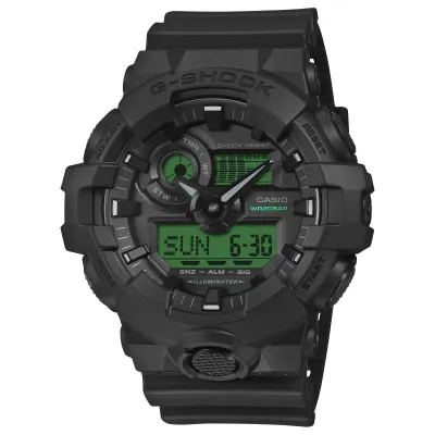 Front view of G-SHOCK GA700BEG-1A black watch with electro green analog-digital display