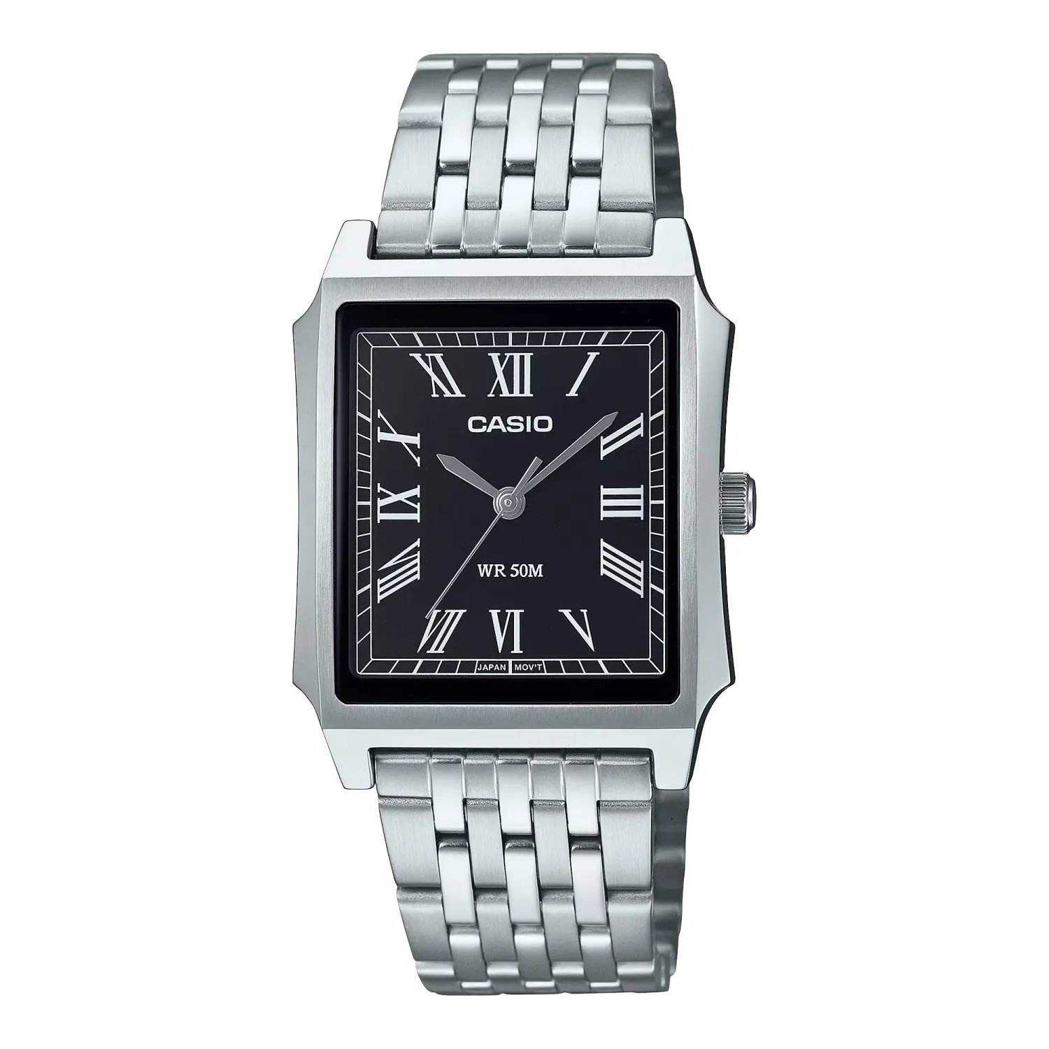 Casio MTP-B190D-1B silver stainless steel watch with a rectangular black dial and Roman numeral markers.