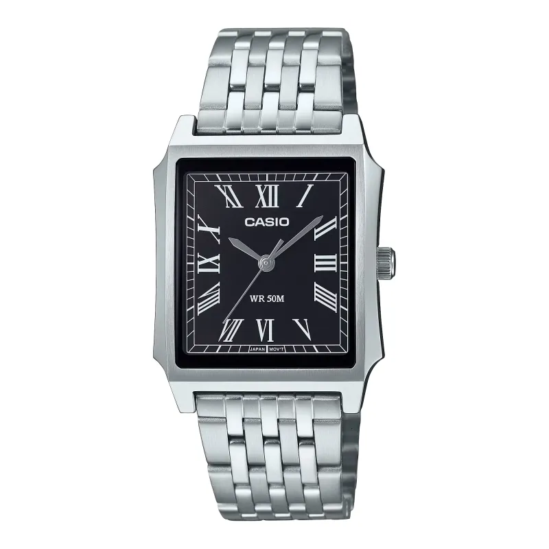 Casio MTP-B190D-1B silver stainless steel watch with a rectangular black dial and Roman numeral markers.