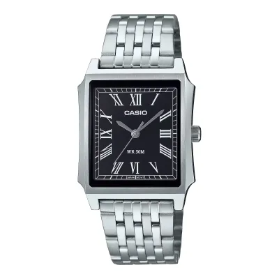 Casio MTP-B190D-1B silver stainless steel watch with a rectangular black dial and Roman numeral markers.