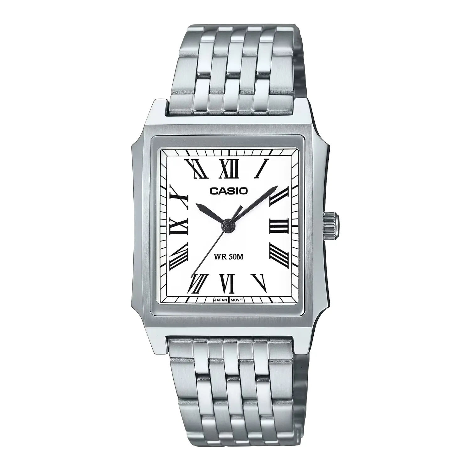 Front view of CASIO MTPB190D-7B Vintage watch with silver stainless steel bracelet and white Roman numeral dial