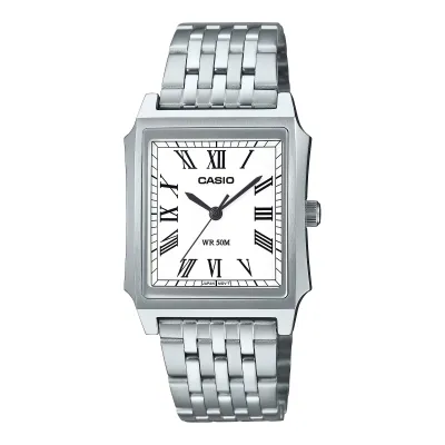 Front view of CASIO MTPB190D-7B Vintage watch with silver stainless steel bracelet and white Roman numeral dial