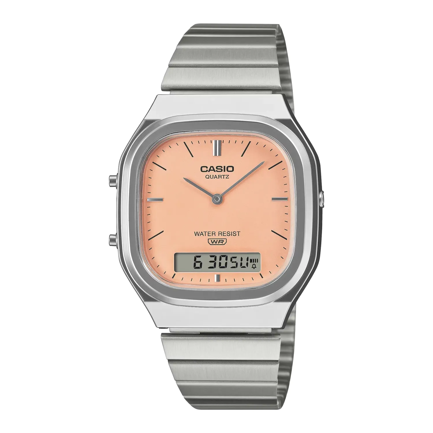 Front view of CASIO AQ240E-4A Vintage watch with silver case, stainless steel bracelet and peach dial