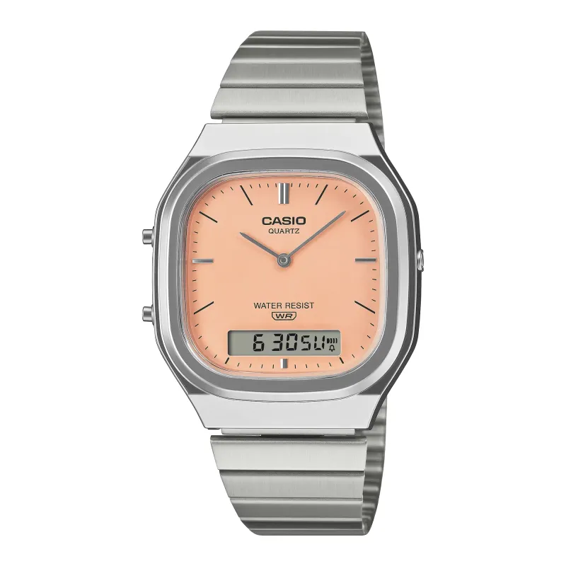 Front view of CASIO AQ240E-4A Vintage watch with silver case, stainless steel bracelet and peach dial