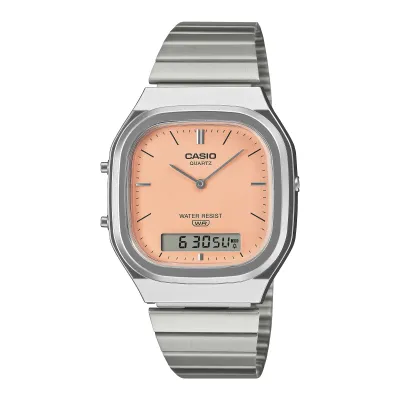 Front view of CASIO AQ240E-4A Vintage watch with silver case, stainless steel bracelet and peach dial