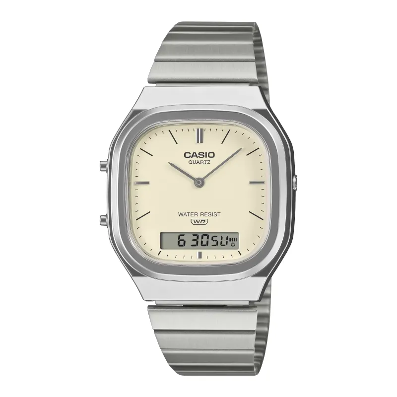 Front view of CASIO AQ240E-7A2 Vintage watch with silver case, stainless steel bracelet and cream dial
