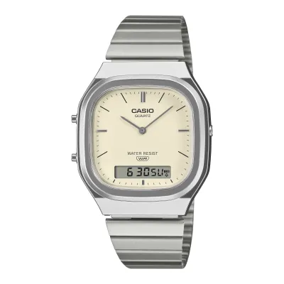Front view of CASIO AQ240E-7A2 Vintage watch with silver case, stainless steel bracelet and cream dial