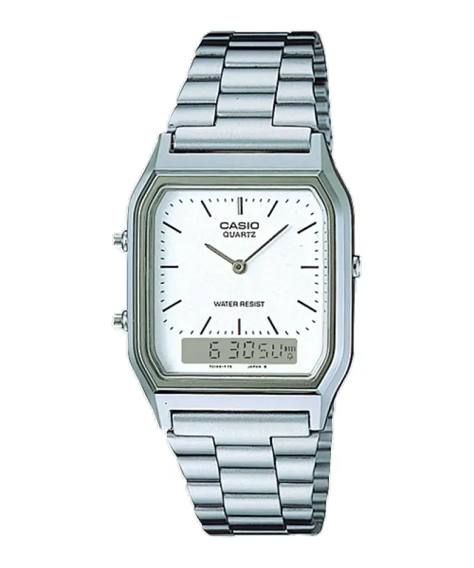 Front view of CASIO AQ230A-7DM Vintage watch with silver bracelet, white analog dial and digital display