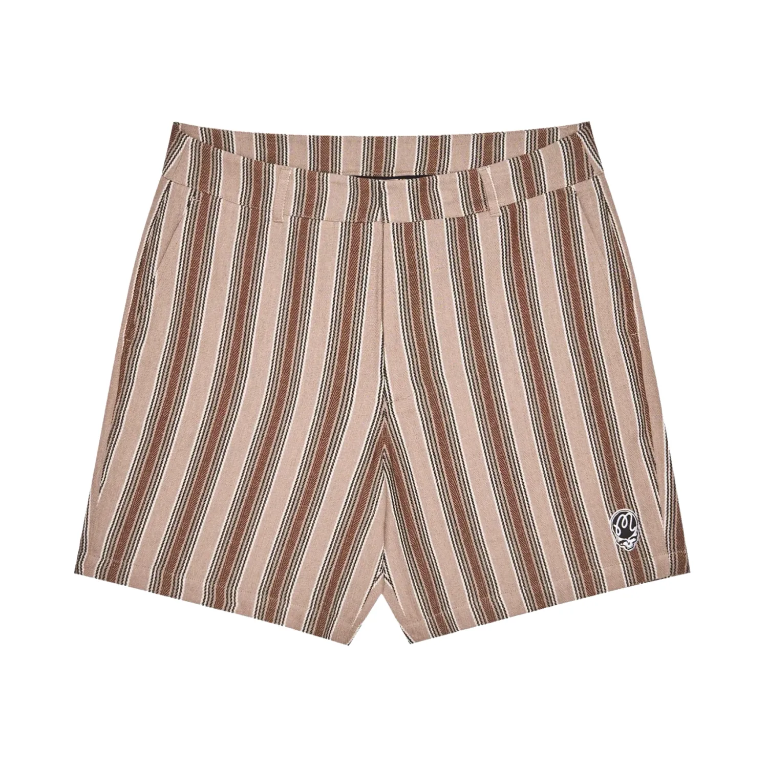 Front flat view of Brown Ripley Blanket Shorts with striped fabric and logo embroidery