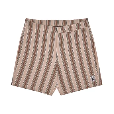 Front flat view of Brown Ripley Blanket Shorts with striped fabric and logo embroidery