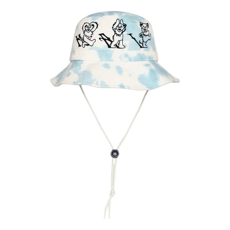 Front view of Light Blue Alphabet Bucket Hat with Dancing Bear artwork and adjustable chin cord