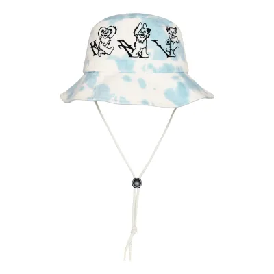 Front view of Light Blue Alphabet Bucket Hat with Dancing Bear artwork and adjustable chin cord