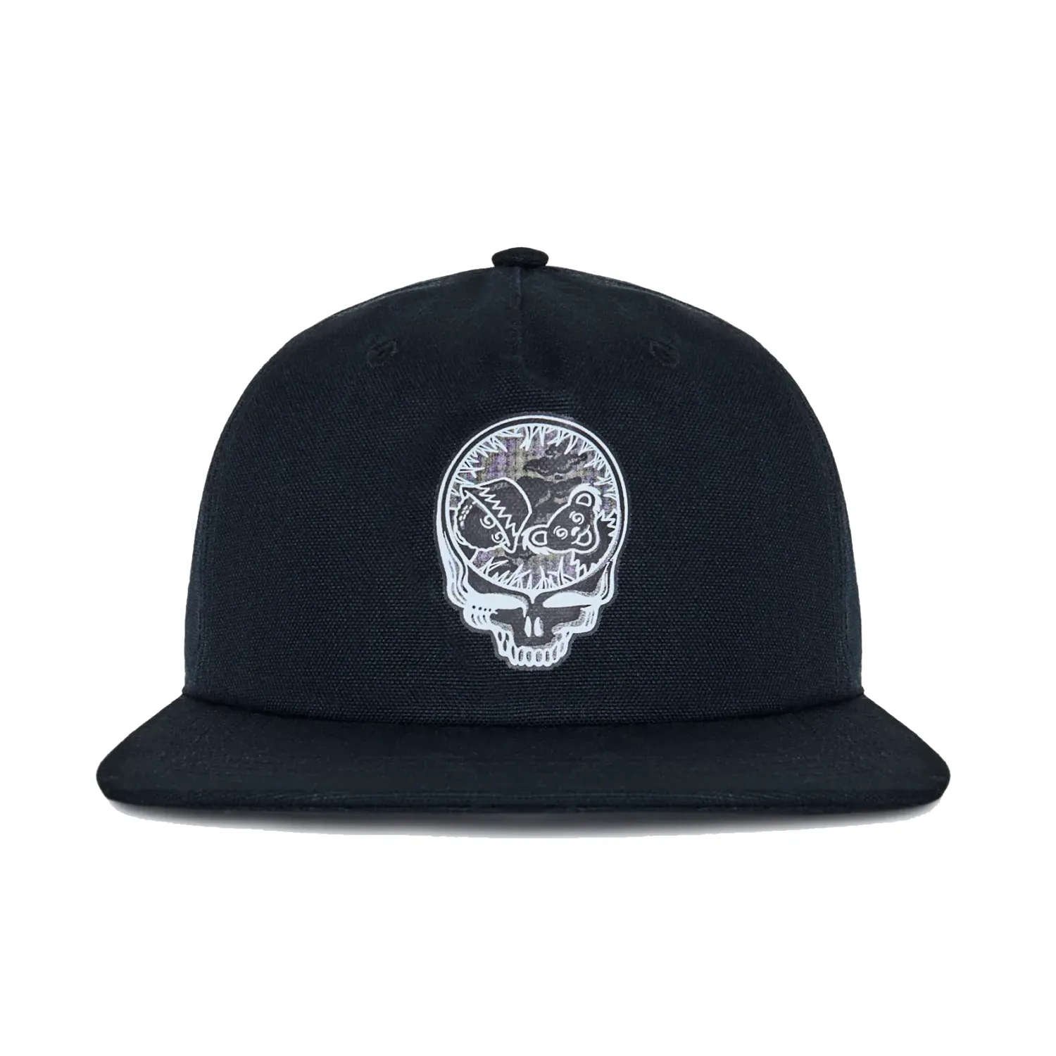 Front view of Black Companion Snapback Hat with Grateful Dead Stealie and Dancing Bears artwork