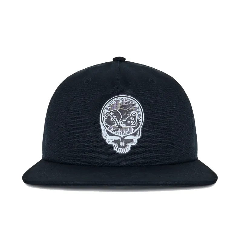 Front view of Black Companion Snapback Hat with Grateful Dead Stealie and Dancing Bears artwork