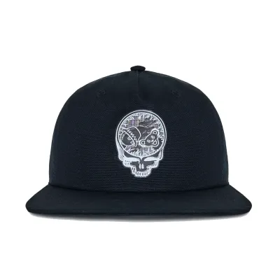 Front view of Black Companion Snapback Hat with Grateful Dead Stealie and Dancing Bears artwork