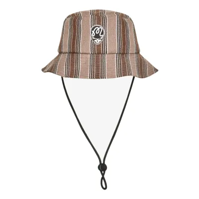 Front view of Brown Stealie Blanket Bucket Hat with embroidered Stealie patch and adjustable chin cord