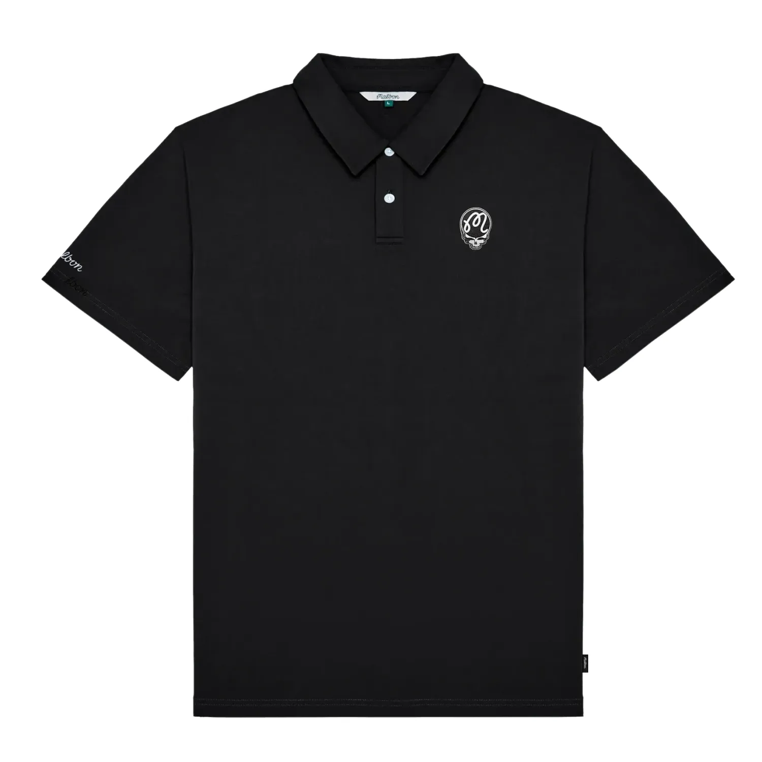 Front view of Malbon Golf Grateful Dead Fairway Stealie Polo in Black with embroidered chest logo
