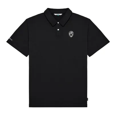 Front view of Malbon Golf Grateful Dead Fairway Stealie Polo in Black with embroidered chest logo