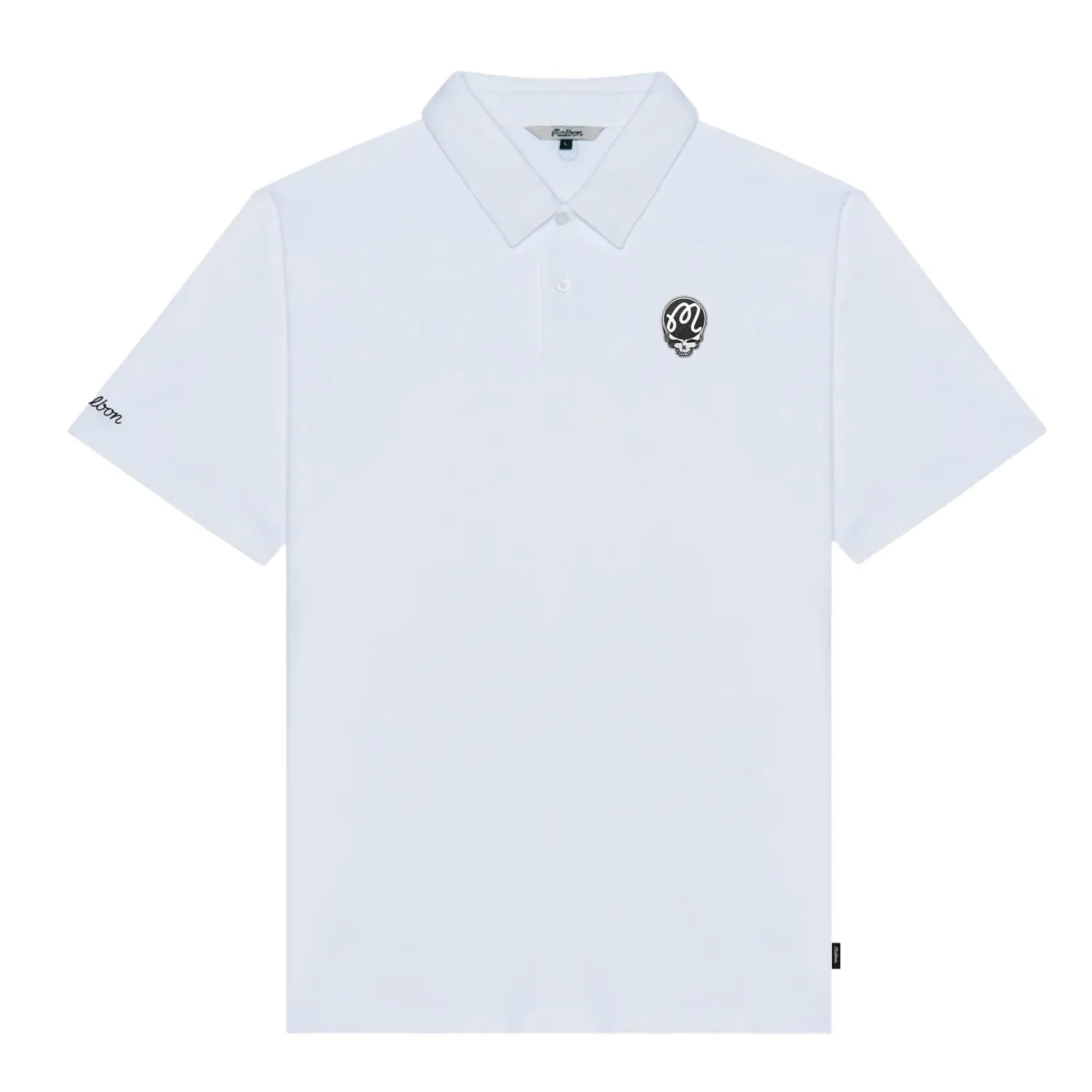 Front view of Malbon Golf Grateful Dead Fairway Stealie Polo in White with embroidered chest logo