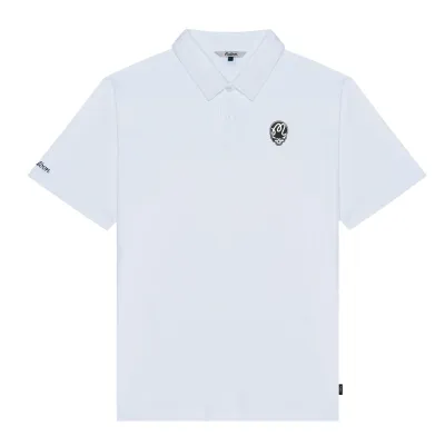 Front view of Malbon Golf Grateful Dead Fairway Stealie Polo in White with embroidered chest logo