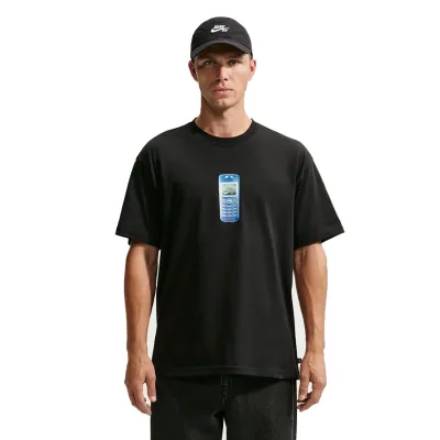Front view of Nike SB Phone Tee in Black featuring retro blue phone chest graphic