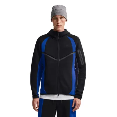 Full front view of Nike Tech Fleece Windrunner Color Block Hoodie in Black/Royal