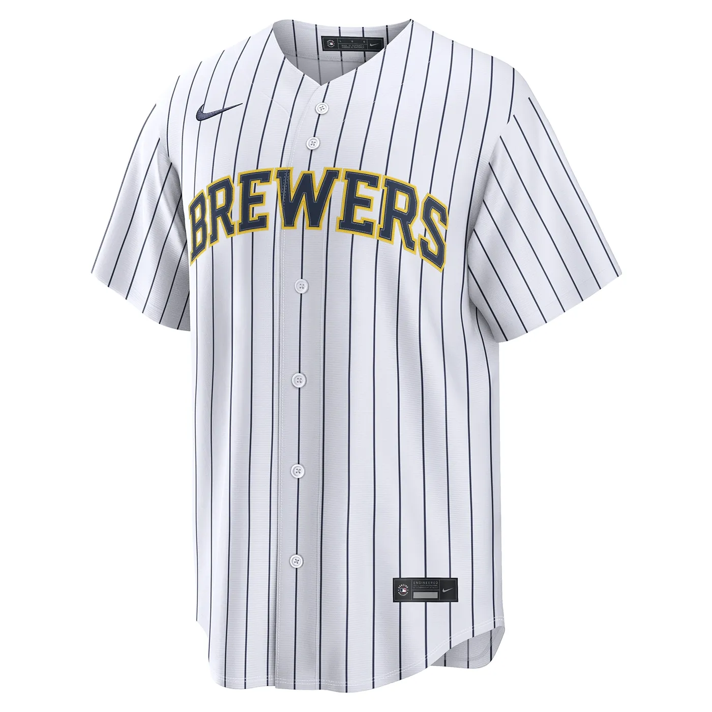 Front view of the Nike Milwaukee Brewers Replica Home Alternate pinstripe jersey in white.