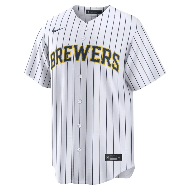 Front view of the Nike Milwaukee Brewers Replica Home Alternate pinstripe jersey in white.