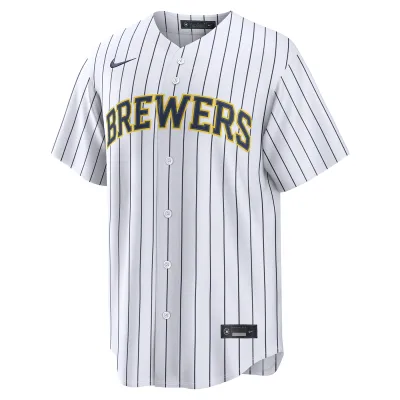 Front view of the Nike Milwaukee Brewers Replica Home Alternate pinstripe jersey in white.