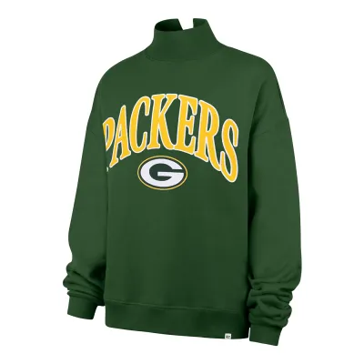 Front angled view of '47 Brand Green Bay Packers Women's Vantage Mock Neck sweatshirt in Dark Green