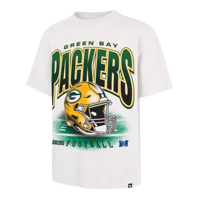 Front view of '47 Brand Green Bay Packers Team Flex Foundation Tee in Sandstone with helmet graphic