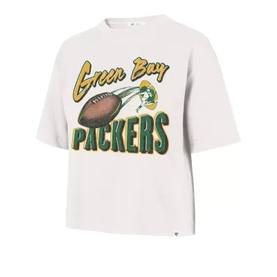 Front view of '47 Brand Green Bay Packers Women's Dime Time Reed City Cropped Tee in Sandstone