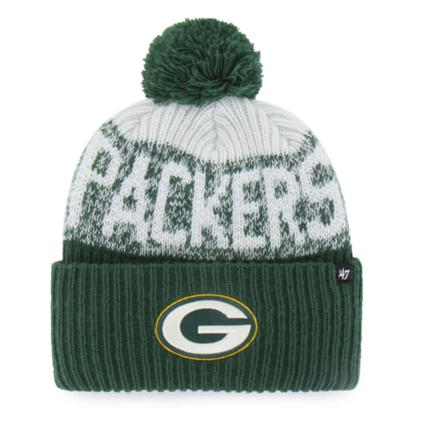 Front view of '47 Brand Green Bay Packers Bone Chill cuff knit beanie in dark green with pom